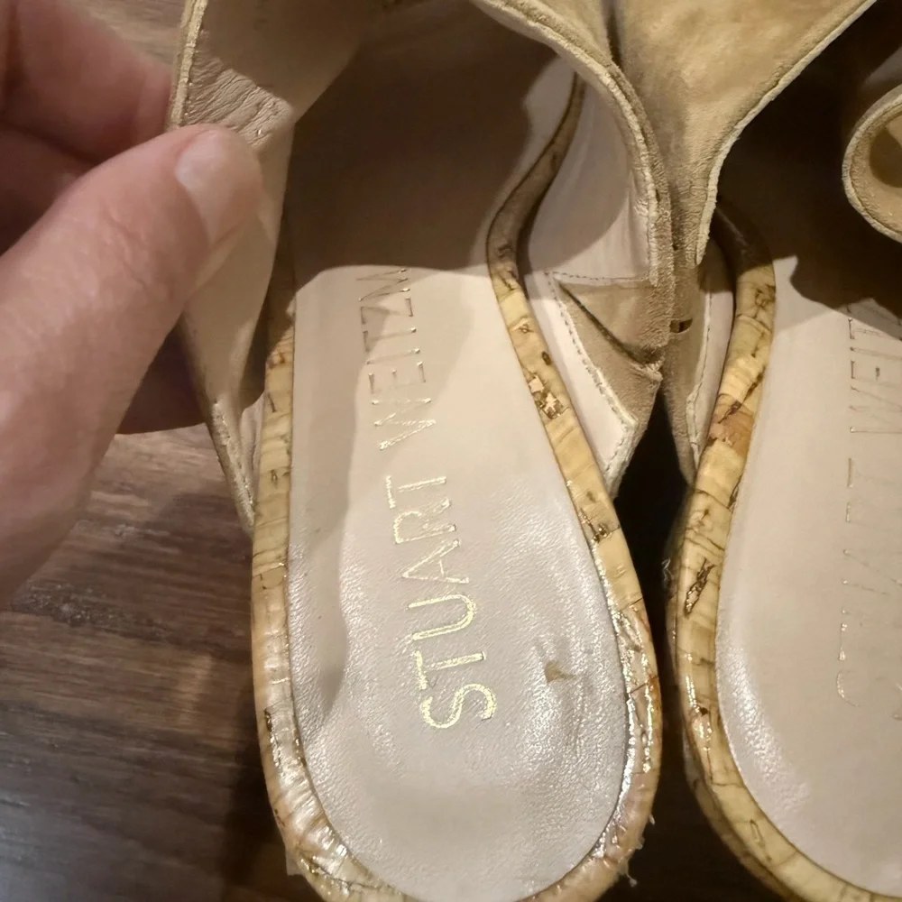 Stuart Weitzman Beige Suede Fold-Over Open-Toe Wedge Slides - Picture 5 of 6